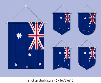 Set of hanging flags Australia with textile texture. Diversity shapes of the national flag country. Vertical template pennant for banner, web, logo, award and festival