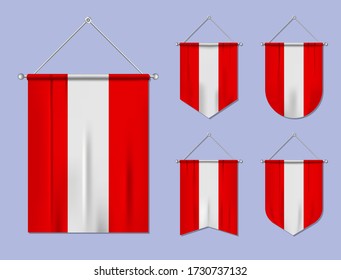 Set of hanging flags Austria with textile texture. Diversity shapes of the national flag country. Vertical template pennant for banner, web, logo, award and festival