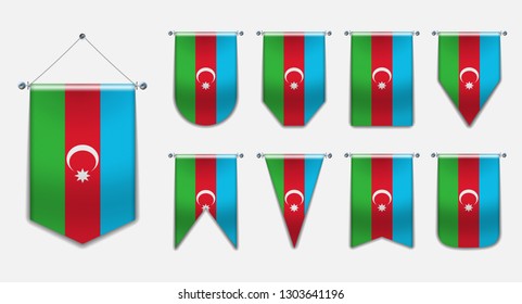 Set of hanging flags of the AZERBAIJAN with textile texture. Diversity shapes of the national flag country. Vertical Template Pennant for background, banner, web site,award, achievement, festival. EPS