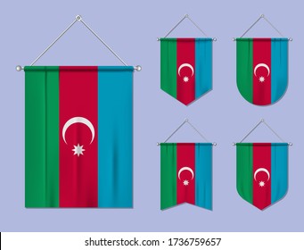 Set of hanging flags Azerbaijan with textile texture. Diversity shapes of the national flag country. Vertical template pennant for banner, web, logo, award and festival