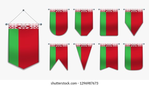 Set of hanging flags of the BELARUS with textile texture. Diversity shapes of the national flag country. Vertical Template Pennant for background, banner, web site, logo,award, achievement, festival.