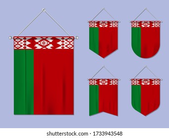 Set of hanging flags Belarus with textile texture. Diversity shapes of the national flag country. Vertical template pennant for banner, web, logo, award and festival