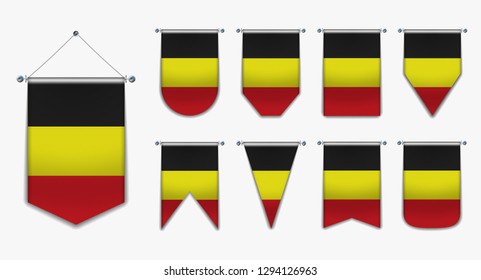 Set of hanging flags of the BELGIUM with textile texture. Diversity shapes of the national flag country. Vertical Template Pennant for background, banner, web site, logo,award, achievement, festival. 