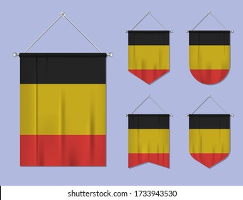 Set of hanging flags Belgium with textile texture. Diversity shapes of the national flag country. Vertical template pennant for banner, web, logo, award and festival