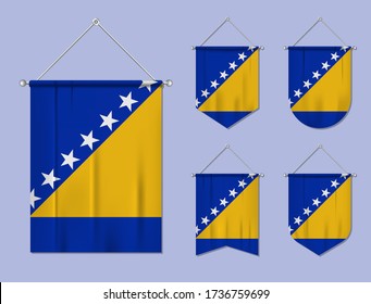 Set of hanging flags Bosnia and Herzegovina with textile texture. Diversity shapes of the national flag country. Vertical template pennant for banner, web, logo, award and festival