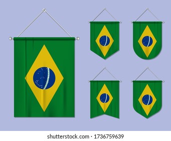 Juego de banderas colgantes de Brasil con textura textil. La diversidad forma el país de la bandera nacional. Plantilla vertical para banner, web, logotipo, premio y festival