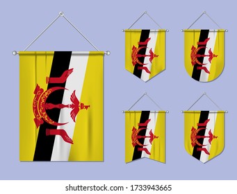 Set of hanging flags Brunei with textile texture. Diversity shapes of the national flag country. Vertical template pennant for banner, web, logo, award and festival