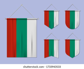 Set of hanging flags Bulgaria with textile texture. Diversity shapes of the national flag country. Vertical template pennant for banner, web, logo, award and festival