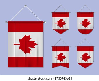 Set of hanging flags Canada with textile texture. Diversity shapes of the national flag country. Vertical template pennant for banner, web, logo, award and festival