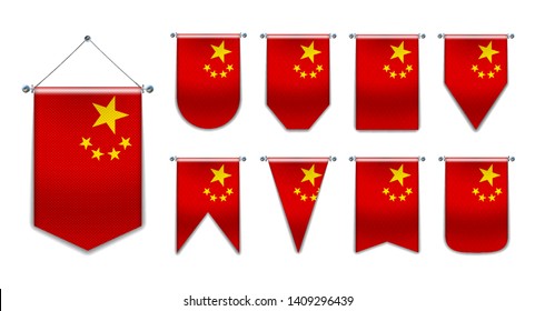 Set of hanging flags of the CHINA with textile texture. Diversity shapes of the national flag country. Vertical Template Pennant for background, travel banner, web, logo,award, achievement, festival