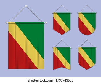 Set of hanging flags Congo with textile texture. Diversity shapes of the national flag country. Vertical template pennant for banner, web, logo, award and festival