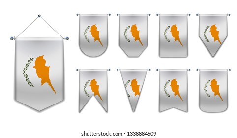 Set of hanging flags of the CYPRUS with textile texture. Diversity shapes of the national flag country. Vertical Template Pennant for background, banner, web, logo,award, achievement, festival. EPS 10