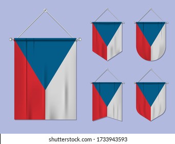 Set of hanging flags Czech Republic with textile texture. Diversity shapes of the national flag country. Vertical template pennant for banner, web, logo, award and festival
