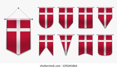 Set of hanging flags of the DENMARK with textile texture. Diversity shapes of the national flag country. Vertical Template Pennant for background, banner, web site, logo,award, achievement, festival.