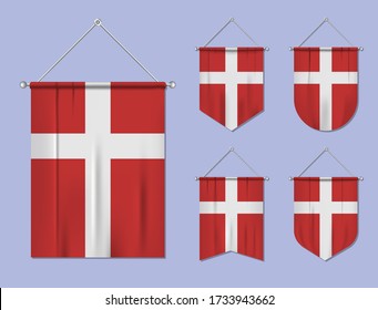 Set of hanging flags Denmark with textile texture. Diversity shapes of the national flag country. Vertical template pennant for banner, web, logo, award and festival