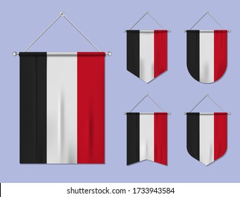 Set of hanging flags Egypt with textile texture. Diversity shapes of the national flag country. Vertical template pennant for banner, web, logo, award and festival