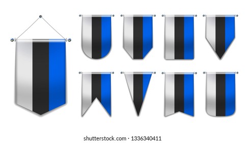 Set of hanging flags of the Estonia with textile texture. Diversity shapes of the national flag country. Vertical Template Pennant for background, banner, web, logo,award, achievement, festival.EPS 10