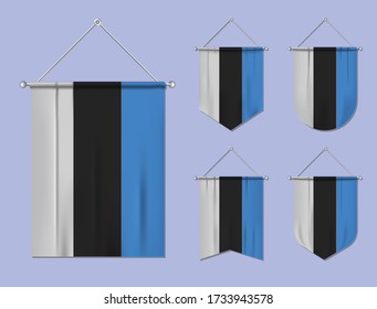 Set of hanging flags Estonia with textile texture. Diversity shapes of the national flag country. Vertical template pennant for banner, web, logo, award and festival
