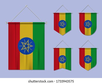 Set of hanging flags Ethiopia with textile texture. Diversity shapes of the national flag country. Vertical template pennant for banner, web, logo, award and festival