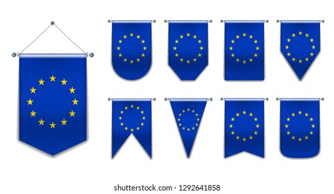 Set of hanging flags of the EUROPEAN UNION with textile texture. Diversity shapes of the national flag of EC.Vertical Template pennant for background, banner, web, logo,award, achievement, festival.