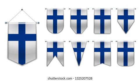 Set of hanging flags of the FINLAND with textile texture. Diversity shapes of the national flag country. Vertical Template Pennant for background, banner, web site, logo,award, achievement, festival