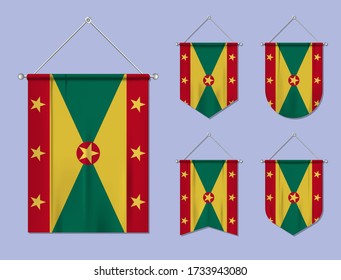 Set of hanging flags Grenada with textile texture. Diversity shapes of the national flag country. Vertical template pennant for banner, web, logo, award and festival