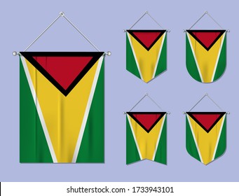 Set of hanging flags Guyana with textile texture. Diversity shapes of the national flag country. Vertical template pennant for banner, web, logo, award and festival