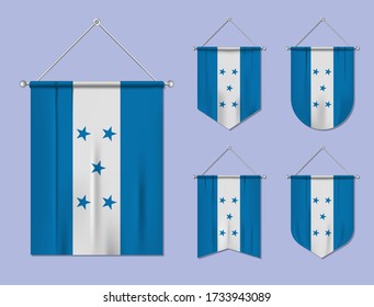 Juego de banderas colgantes de Honduras con textura textil. La diversidad forma el país de la bandera nacional. Plantilla vertical para banner, web, logotipo, premio y festival