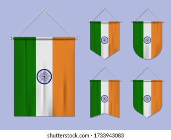 Set of hanging flags India with textile texture. Diversity shapes of the national flag country. Vertical template pennant for banner, web, logo, award and festival