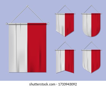 Set of hanging flags Indonesia with textile texture. Diversity shapes of the national flag country. Vertical template pennant for banner, web, logo, award and festival