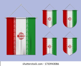 Set of hanging flags Iran with textile texture. Diversity shapes of the national flag country. Vertical template pennant for banner, web, logo, award and festival