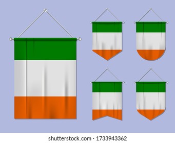 Set of hanging flags Ireland with textile texture. Diversity shapes of the national flag country. Vertical template pennant for banner, web, logo, award and festival