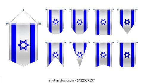 Set of hanging flags of the ISRAEL. Diversity shapes of the national flag country. Vertical Template Pennant for background, travel banner, logo,award, achievement, festival