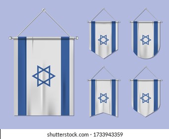 Set of hanging flags Israel with textile texture. Diversity shapes of the national flag country. Vertical template pennant for banner, web, logo, award and festival