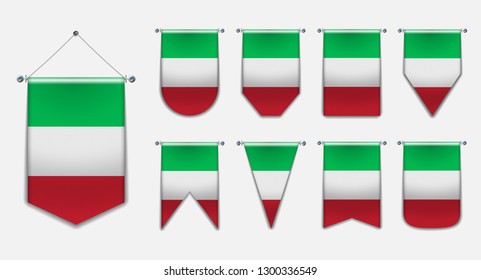 Set of hanging flags of the ITALY with textile texture. Diversity shapes of the national flag country. Vertical Template pennant for background, banner, web, logo,award, achievement, festival. EPS 10