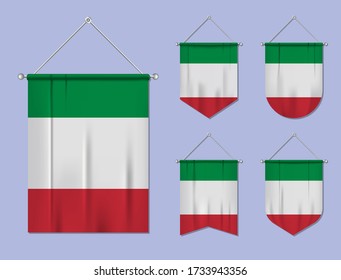 Set of hanging flags Italy with textile texture. Diversity shapes of the national flag country. Vertical template pennant for banner, web, logo, award and festival
