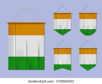 Set of hanging flags Ivory Coast with textile texture. Diversity shapes of the national flag country. Vertical template pennant for banner, web, logo, award and festival