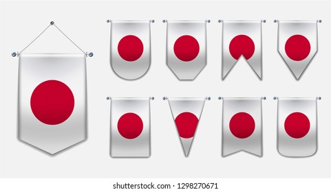 Set of hanging flags of the JAPAN with textile texture. Diversity shapes of the national flag country. Vertical Template Pennant for background, banner, web site, logo,award, achievement, festival.