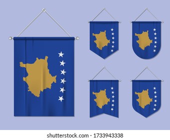 Set of hanging flags Kosovo with textile texture. Diversity shapes of the national flag country. Vertical template pennant for banner, web, logo, award and festival