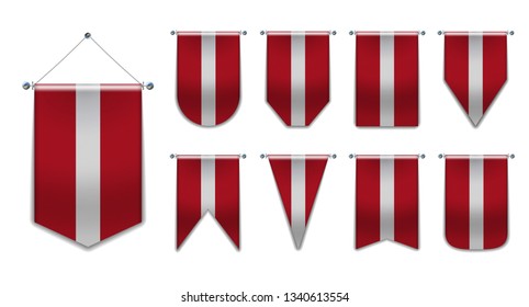 Set of hanging flags of the LATVIA with textile texture. Diversity shapes of the national flag country. Vertical Template Pennant for background, banner, web, logo,award, achievement, festival.EPS 10