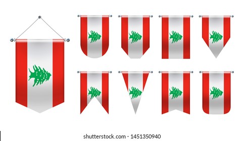 Set of hanging flags of the LEBANON. Diversity shapes of the national flag of country. Vertical Template pennant for background, travel banner, web, logo,award, achievement, festival, carnaval.