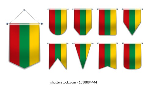 Set of hanging flags of the LITHUANIA with textile texture. Diversity shapes of the national flag country. Vertical Template Pennant for background, banner, web, logo,award, achievement, festival. EPS