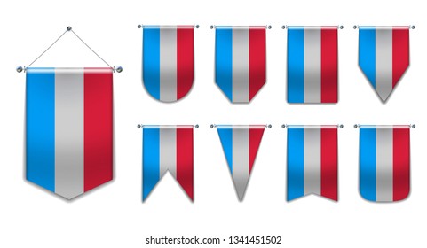 Set of hanging flags of the LUXEMBOURG with textile texture. Diversity shapes of the national flag country. Vertical Template Pennant for background, banner, web, logo,award, achievement, festival.EPS