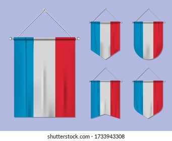 Set of hanging flags Luxembourg with textile texture. Diversity shapes of the national flag country. Vertical template pennant for banner, web, logo, award and festival