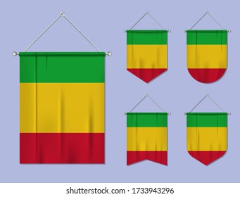 Set of hanging flags Mali with textile texture. Diversity shapes of the national flag country. Vertical template pennant for banner, web, logo, award and festival