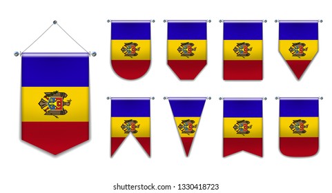 Set of hanging flags of the Moldova with textile texture. Diversity shapes of the national flag country. Vertical Template Pennant for background, banner, web, logo,award, achievement, festival.EPS 10