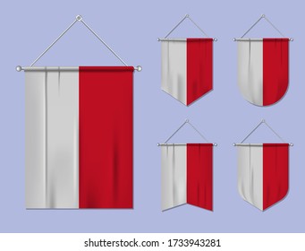 Set of hanging flags Monaco with textile texture. Diversity shapes of the national flag country. Vertical template pennant for banner, web, logo, award and festival