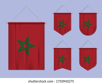 Set of hanging flags Morocco with textile texture. Diversity shapes of the national flag country. Vertical template pennant for banner, web, logo, award and festival