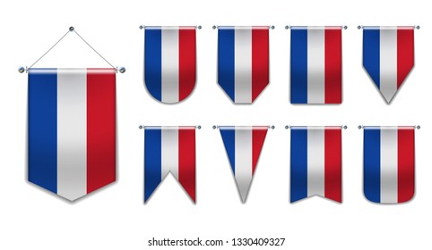 Set of hanging flags of the NETHERLANDS with textile texture. Diversity shapes of the national flag country. Vertical Template Pennant for background, banner, web, logo,award, achievement, festival