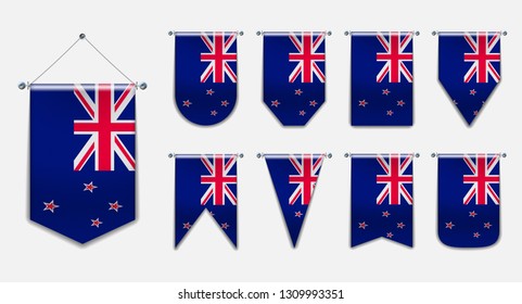 Set of hanging flags of the NEW ZEARLAND with textile texture. Diversity vertical isolated 3D shapes of the national flag of country.Vertical Template pennant for background, banner, award, festival.